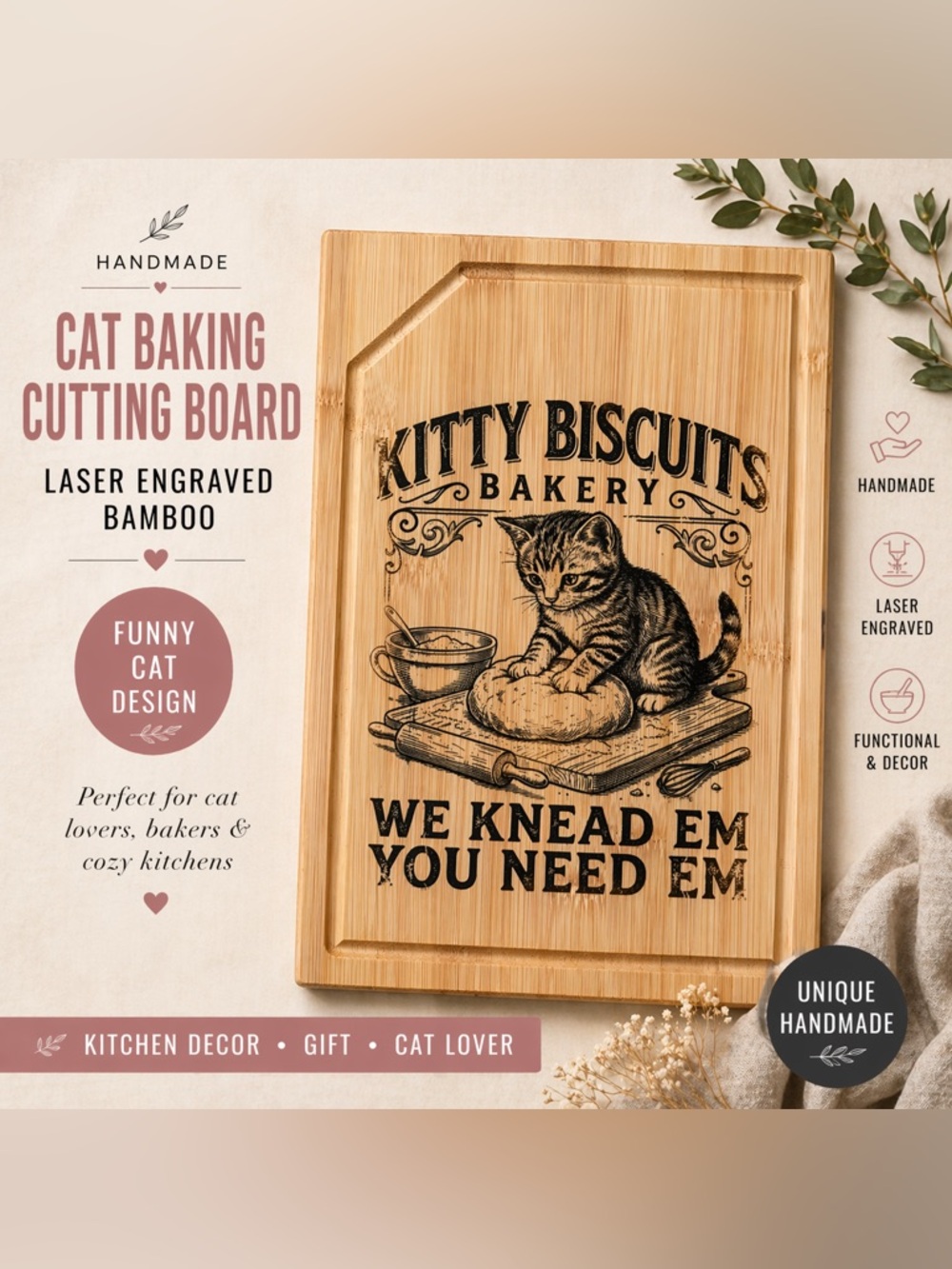 Handmade Engraved Bamboo Cutting Board Cat Baking “Kitty Biscuits Bakery” Gift